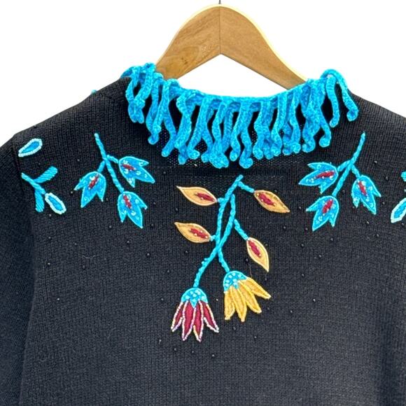 Berek Vintage Knit Fringe Black Blue Floral Embroidered Sweater Women Small - Picture 4 of 9